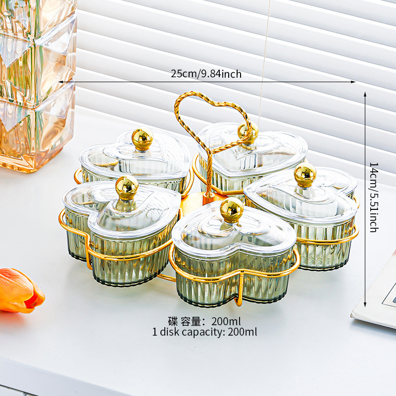 Fruit green 5-compartment heart-shaped plate holder with gold beads