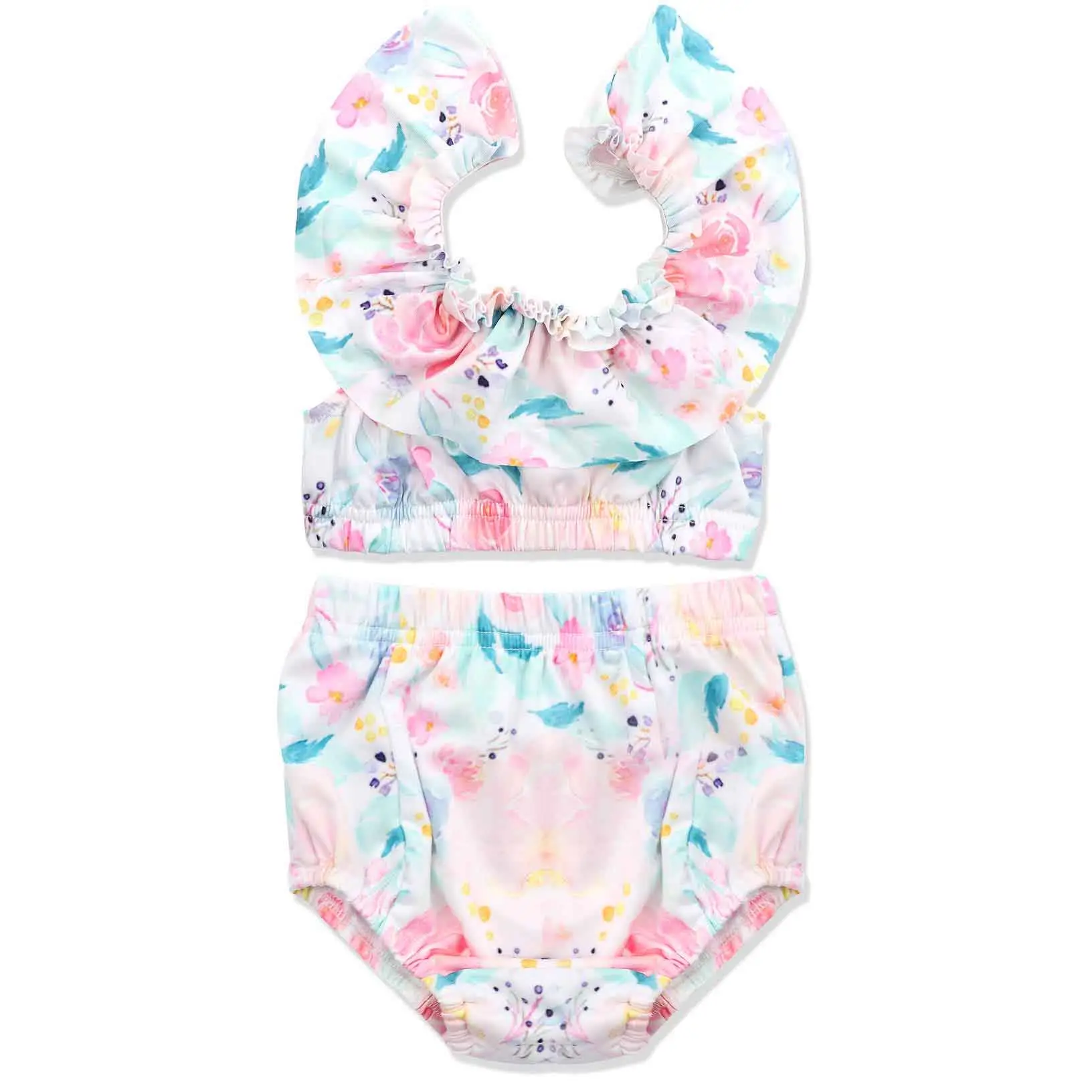 Costume da bagno per neonate costume da bagno floreale con colletto a balze costume da bagno Bikini a due pezzi UPF 50 +