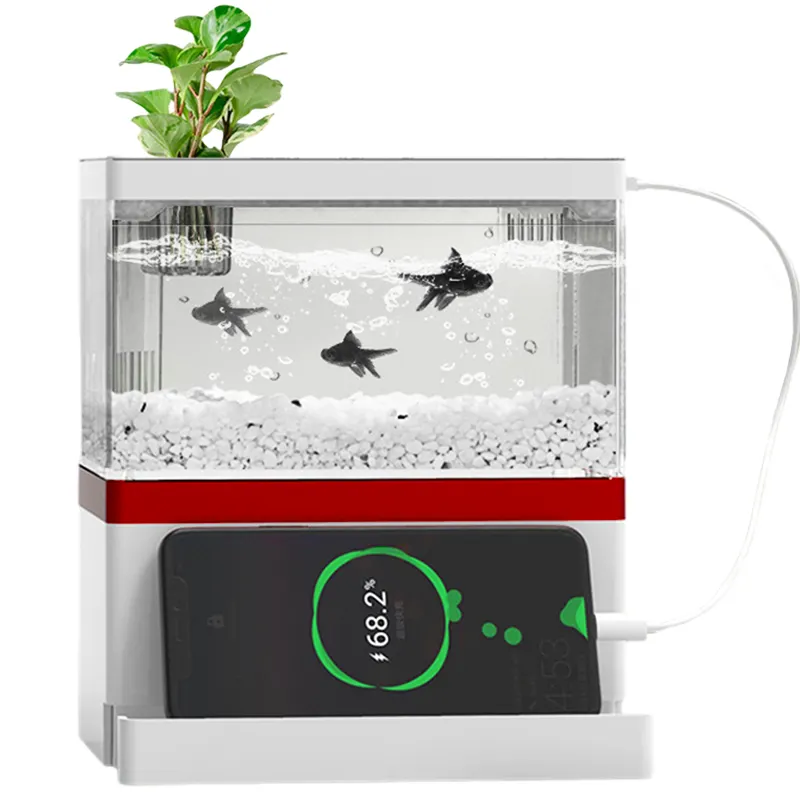 Selbstreinigender MINI-Betta-Aquarium aus Acryl mit LED-Licht-Wasserpumpe Filter Telefonständer Kunststoff kleiner Nano-Fisch-Aquarium-Tank