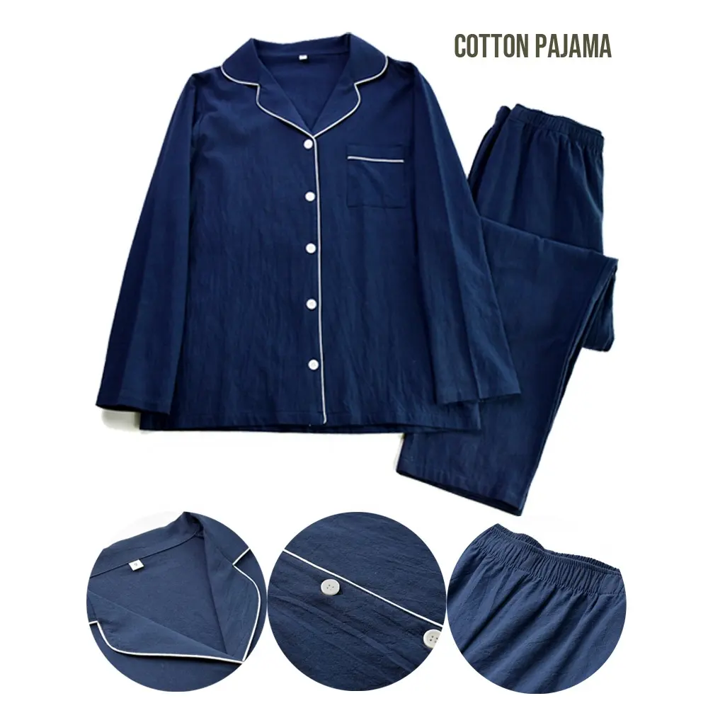 Haute qualité 100% coton col rabattu taille élastique pyjamas femmes 2 pièces ensemble pleine longueur pyjamas vêtements de salon