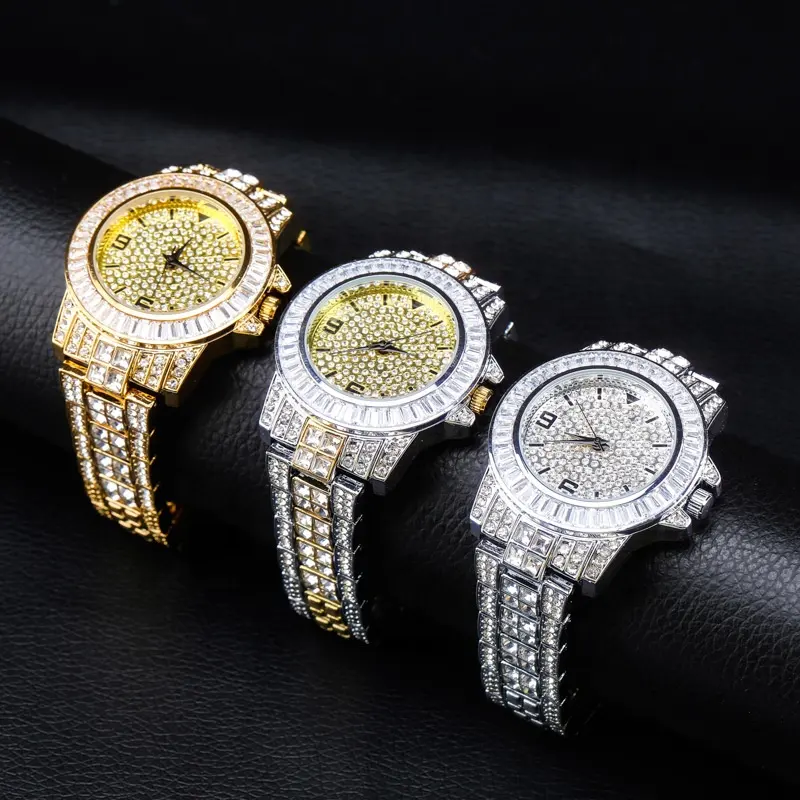 Reloj de pulsera Iced Out, reloj de pulsera ostentoso de cuarzo dorado Hip Hop con Micro pavé Cz, reloj de pulsera de acero inoxidable