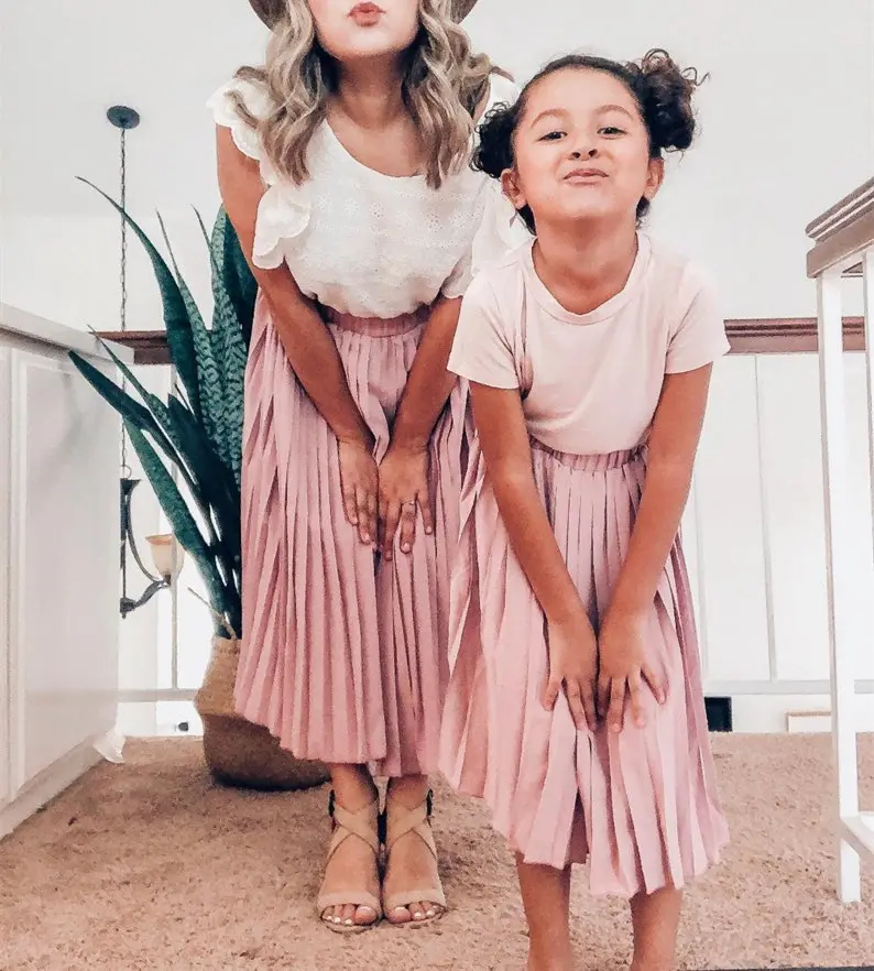 100% Polyester Dusty Pink Midi Skirts Mommy and Baby Matching Outfits Mother Daughter Matching Skirt