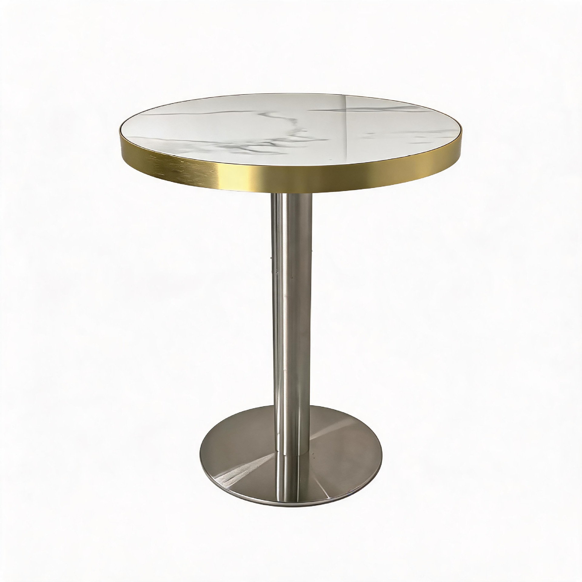 Table ronde finition neige blanche brillante, inox naturel