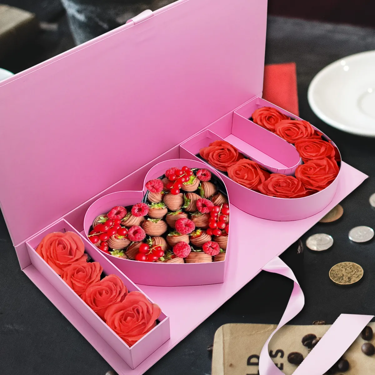 Arreglo de chocolate con flores rellenables, caja de regalo con forma de Love You para otros
