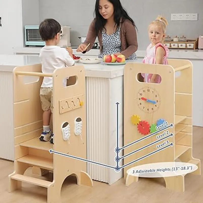 4 en 1 Tabouret de cuisine pour tout-petits Tour debout en bois réglable en hauteur avec toboggan Chaise haute Activités Montessori