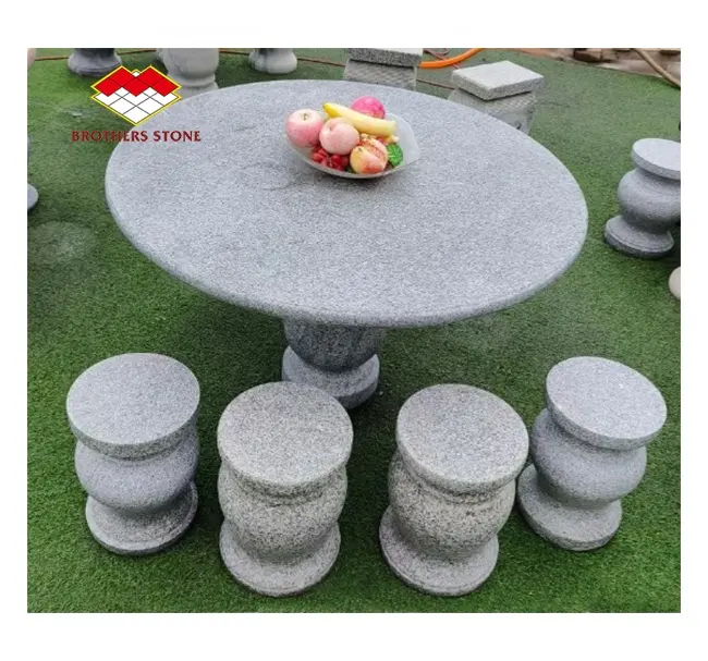 Mesa de exterior de granito, muebles de jardín, juego de mesa de comedor de piedra redonda en venta