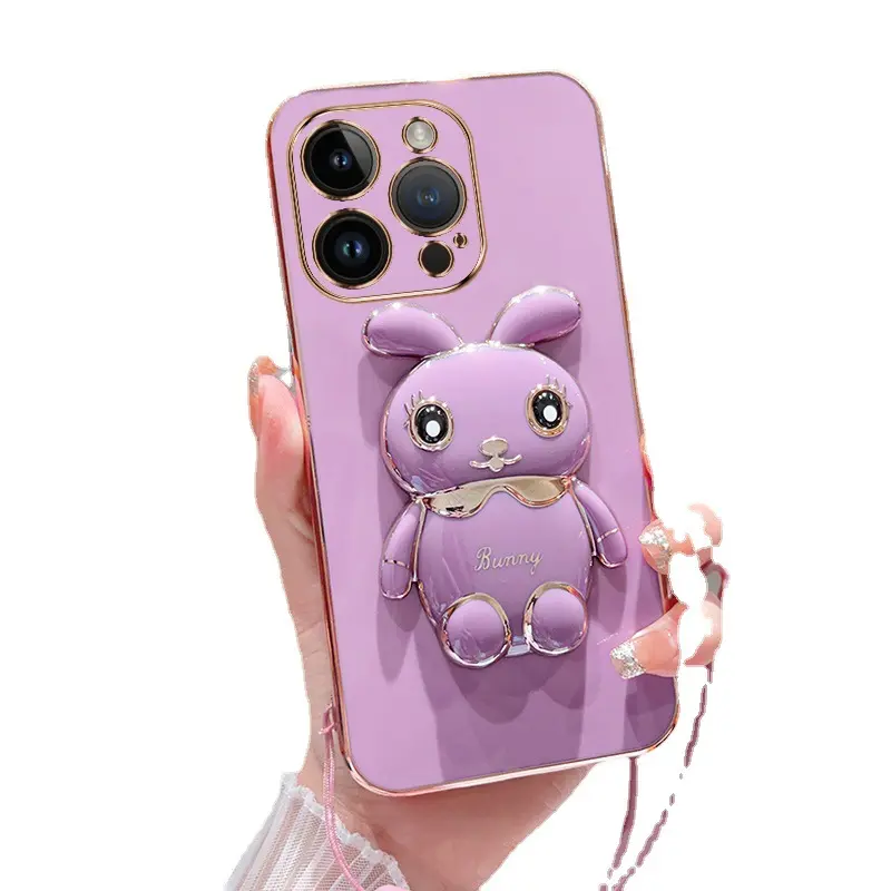 Cute Cartoon Lovely Rabbit Stand Holder Soft TPU Glossy Phone Case Cover para iPhone 14 13 12 11 Pro Max