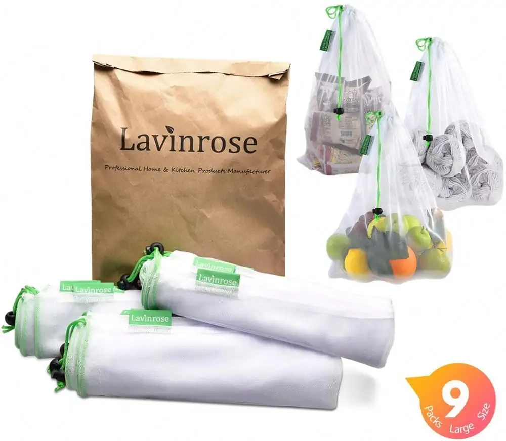 Reusable Produce Bags Mesh with Drawstring Durable Overlock-Stitched Strength See-Through Washable Storage Bags