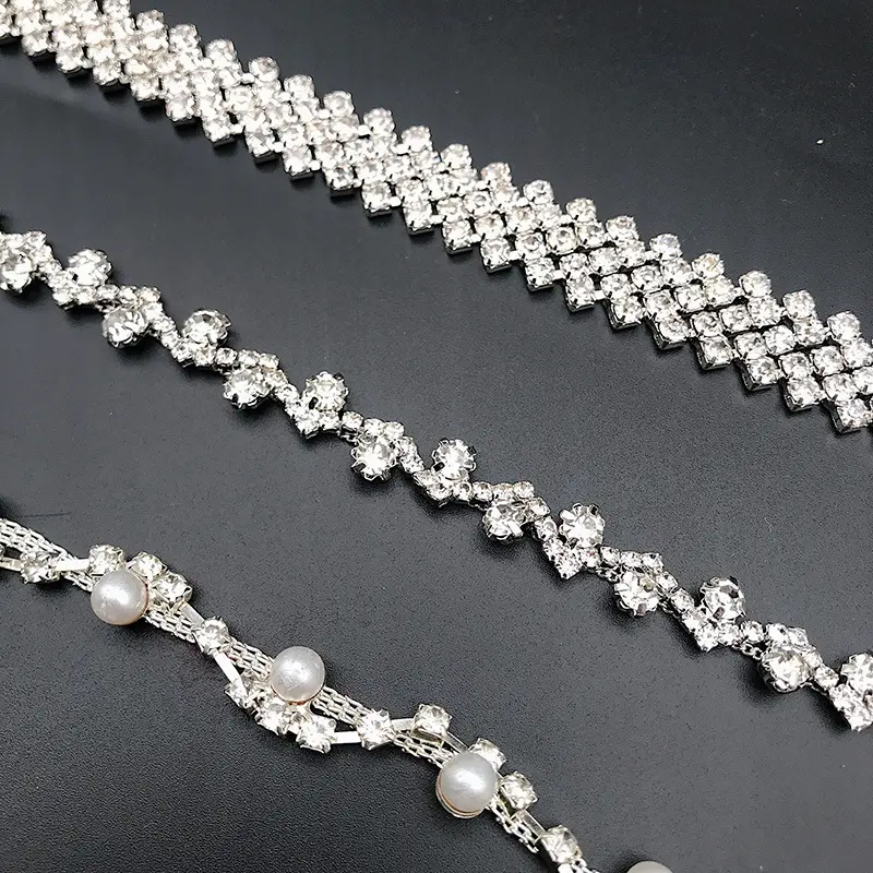 Cadena de diamantes de imitación para vestido de novia, tocado hecho a mano, con garra de soldadura