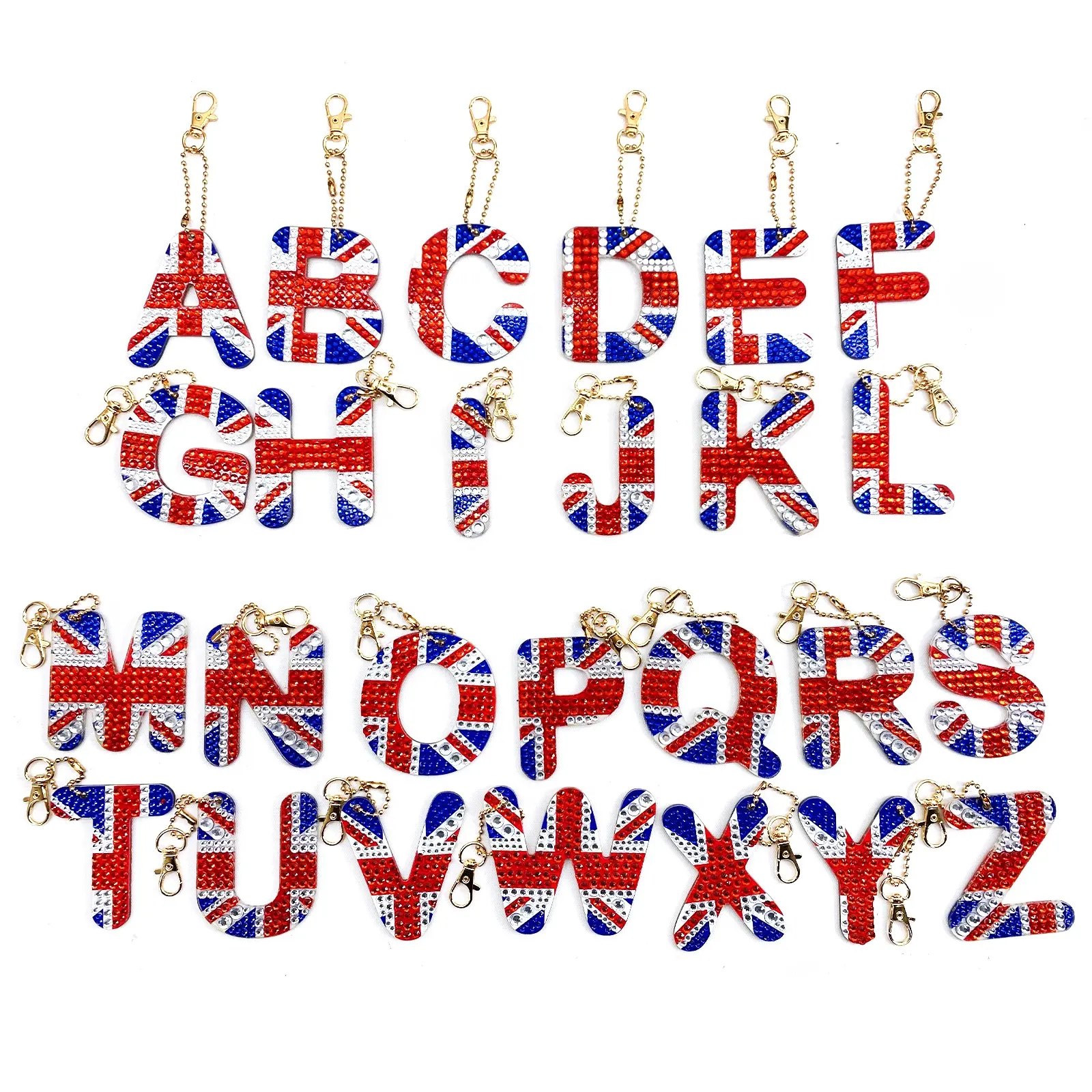 Alphabet mit UK Flag Muster Kristall Edelstein DIY Diamant Malerei Schlüssel bund Kits für Kinder und Erwachsene Farbe mit Diamanten nach Zahlen