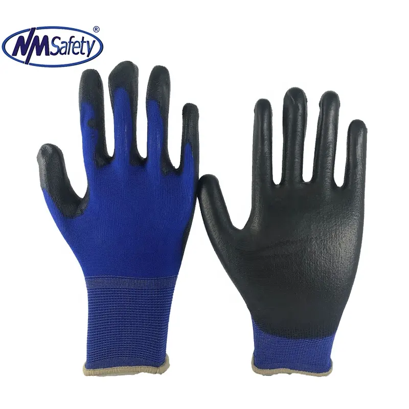 NMSAFETY 18g gants en nylon bleu pu enduit gants de main pour les téléphones à écran tactile