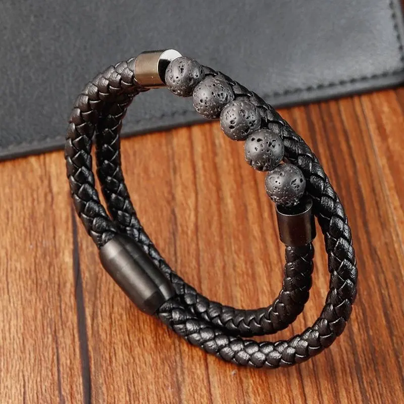 Pulsera de cuero negro de acero, pulsera tejida a mano de cuero PU, venta al por mayor