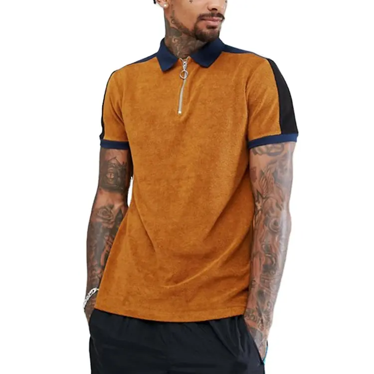 Özel Polo tarzı yaka Zip boyun T Shirt kontrast paneli kısa kollu T Shirt süet