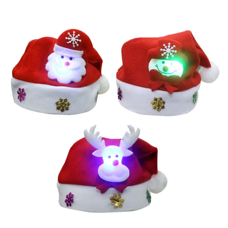 Led Navidad sombrero rojo, dibujos animados Feliz Navidad sombrero bordado bronceado niño adulto tamaño Santa Cosplay Props regalo de Navidad/