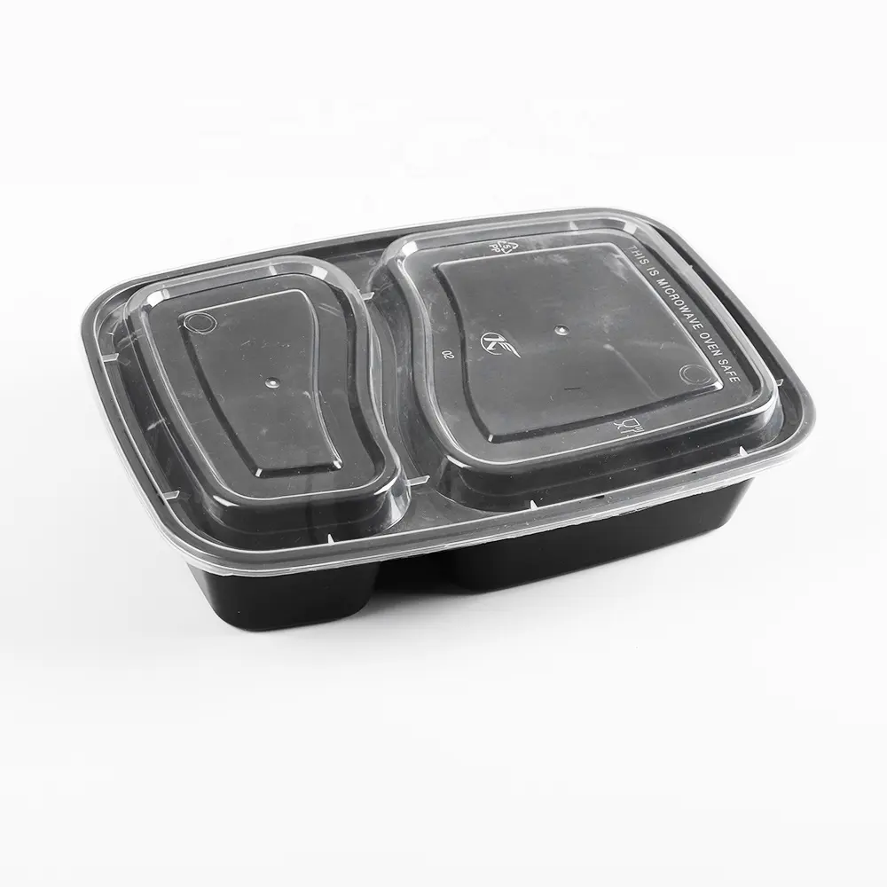 Recipiente de plástico desechable para comida rápida, fiambrera para microondas, contenedor de alimentos con dos compartimentos