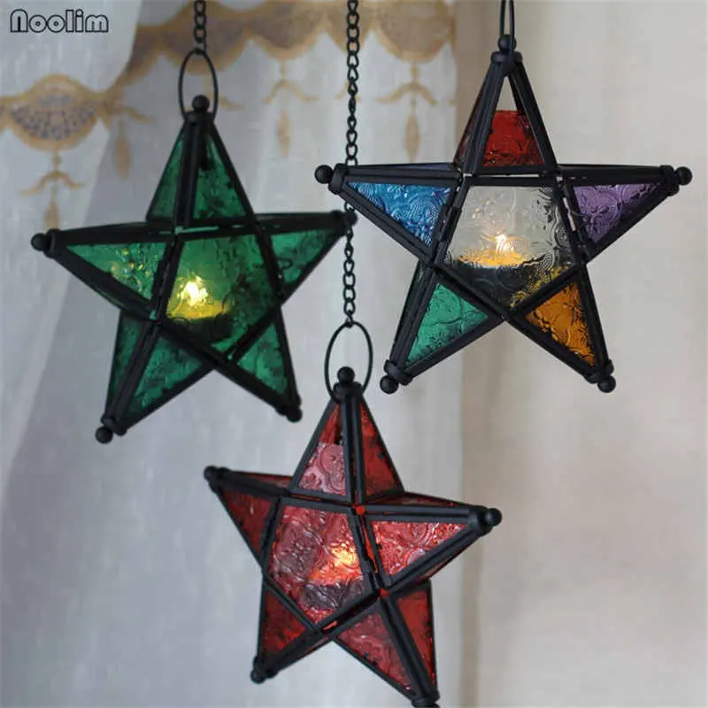 Castiçal de vidro suspenso com estrela, castiçal clássico de metal e estrela para decoração de casa, casamento, festa de aniversário