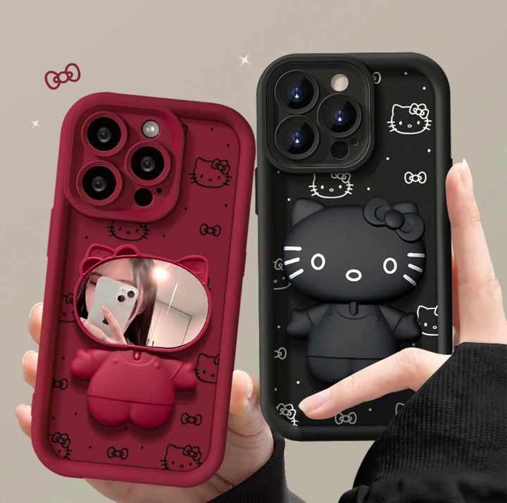 Casing ponsel lembut cermin kucing 3D, casing ponsel penutup sel cermin rias hitam merah untuk iPhone 15 14 13 11 12 Pro Max XS XR