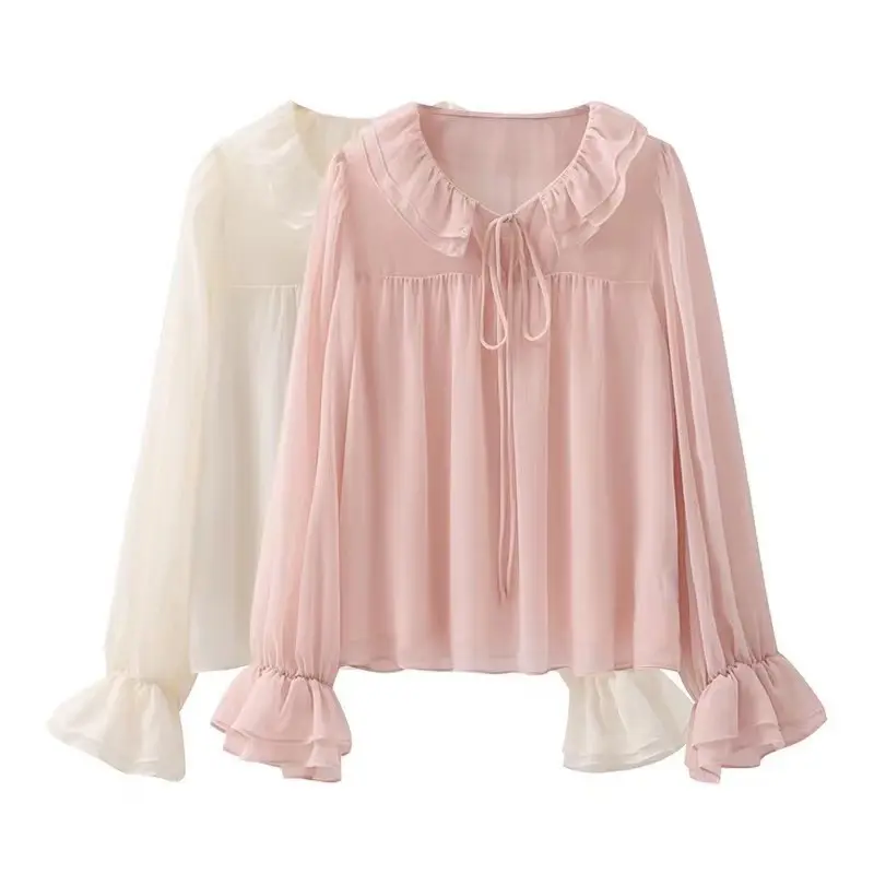 Doll colarinho chiffon camisa das mulheres manga longa outono novo elegante babados temperamento pequeno top