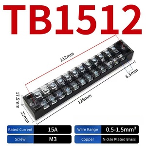 Bloque de terminales de tornillo de valla fija de doble fila TB1512 15A 600V Conector de cable Categoría de producto Bloques de terminales - Product Image 2