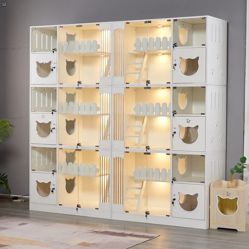 Hot selling Fashion unique design Eco-friendly Large space Glass door White 3 layers breeding Wood Pet Villa Cat Boarding Cage