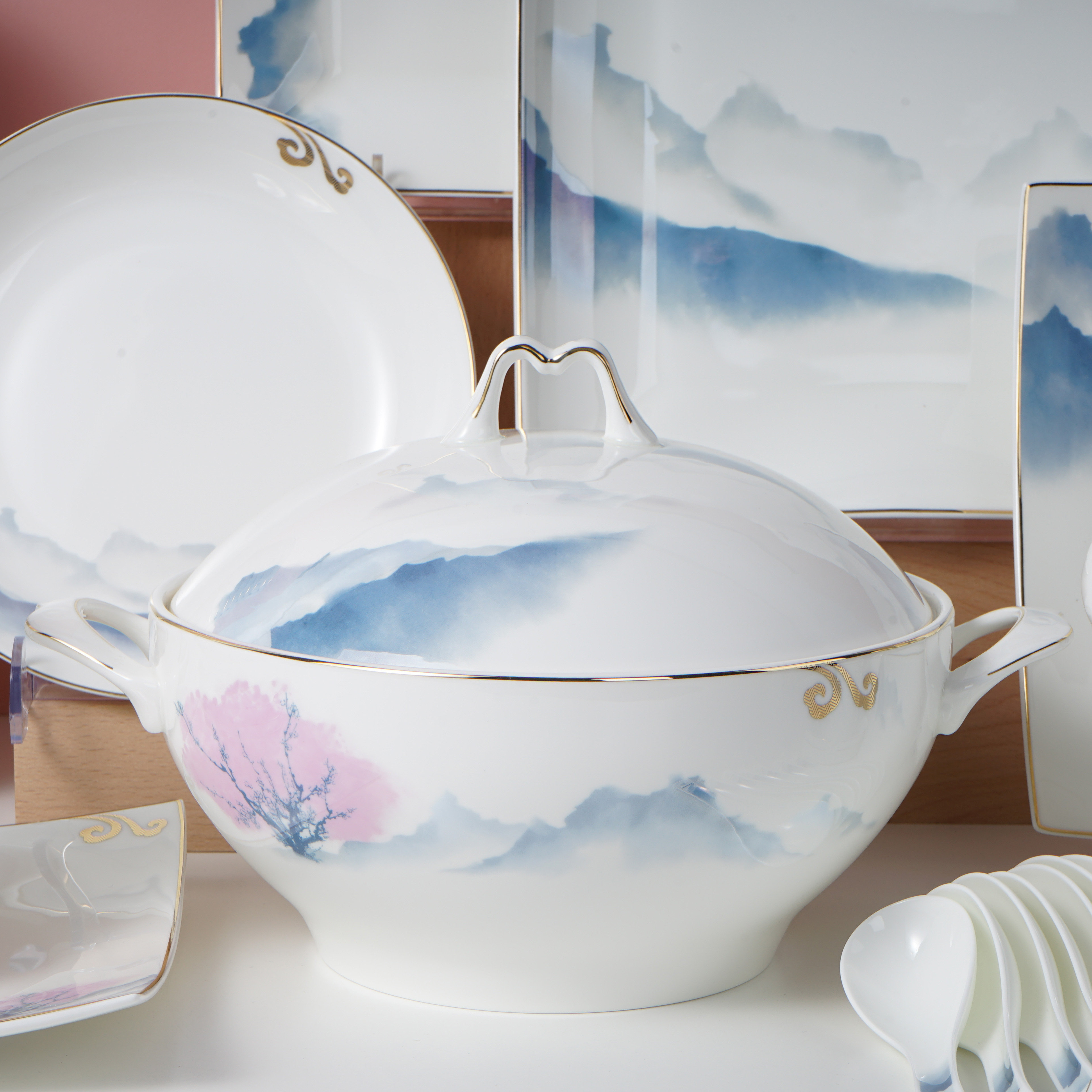 Chinese Style Ink Landscape Dinner set China Bone Dinner Set Ceramic Tableware Dinnerware Set
