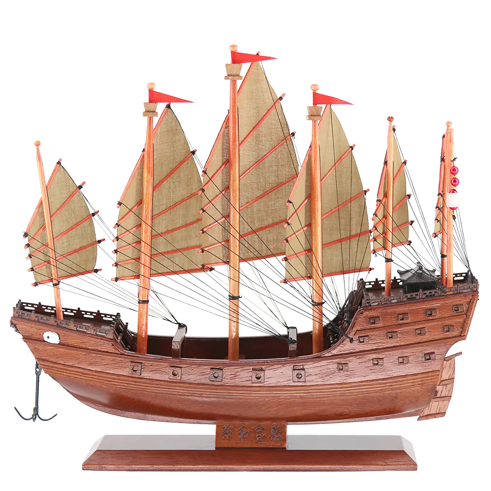 Barco Fu de madeira real, modelo de vela chinesa para decoração de casa, decoração de artesanato puro, barco com tesouro Zheng He