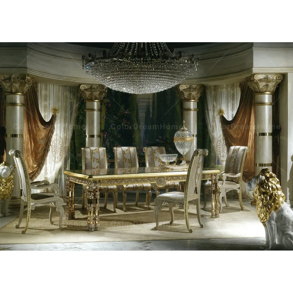 Clássico Luxo mobiliário de madeira mão esculpida estilo italiano sala de jantar mesa e cadeira conjunto 8 lugares