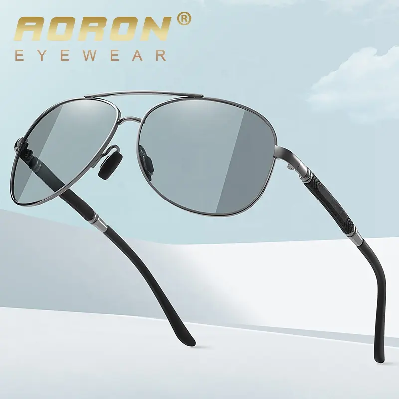 Aoron 2022 새로운 디자인 UV400 폴라로이드 렌즈 금속 프레임 더블 브리지 패션 변색 파일럿 선글라스 A666