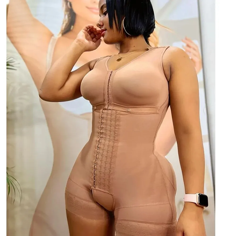 Entrenador de cintura de compresión postoperatoria para mujer, corsé de levantamiento de glúteos, pantalones cortos de manga larga con pecho abierto, ropa moldeadora, Fajas Colombianas personalizadas