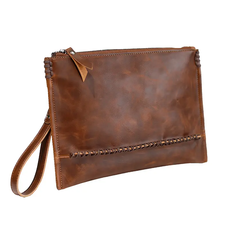 Vintage Brown Men Crazy Horse Top Grain Genuine Leather Clutch Wallet High Quality Leather Clutch Hand Bag Purse Wallet For Men