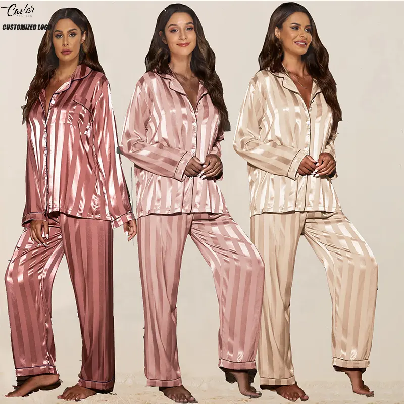 109 2023 गर्म बिक्री फैशन लंबी आस्तीन साटन पाजामा 2pcs सेक्सी लेडी चमकदार धारीदार Loungewear सेट महिलाओं के साटन नाइटवियर