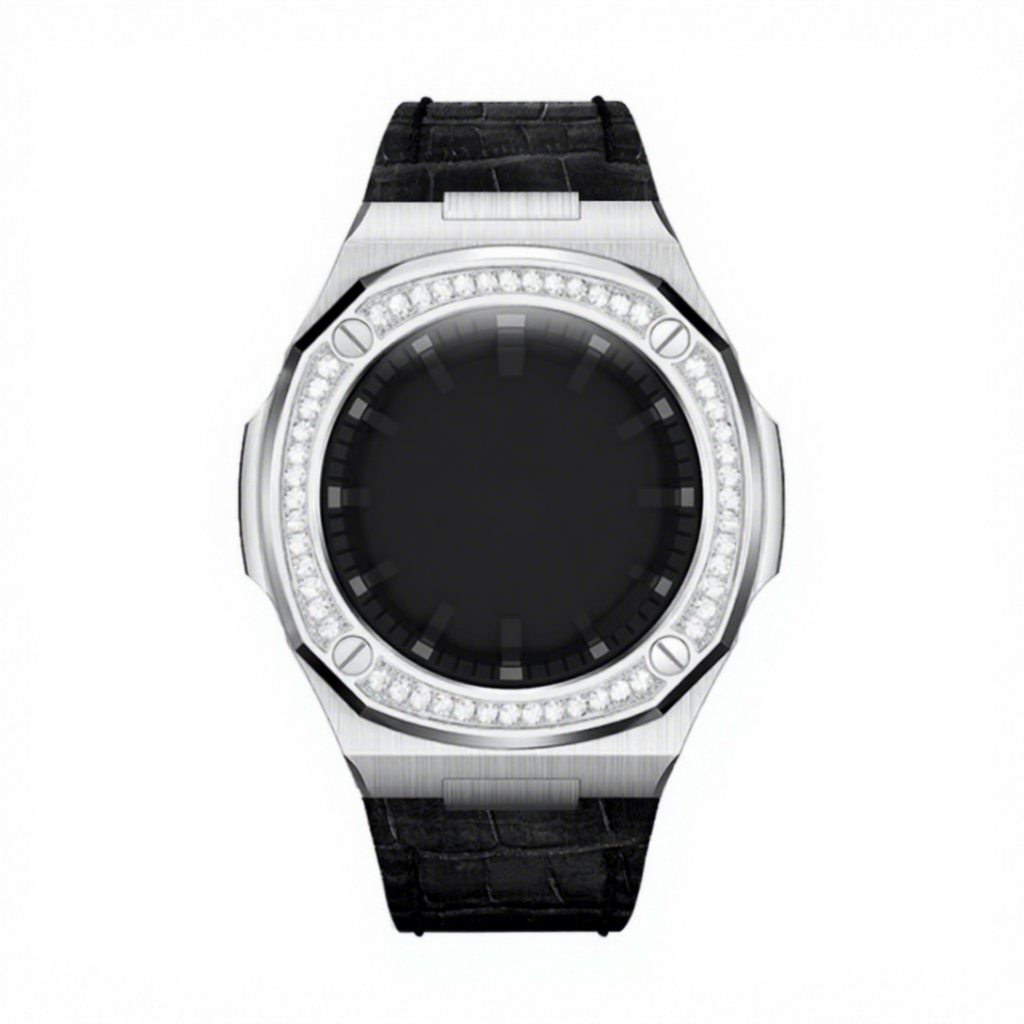 Silver case+ black leather band