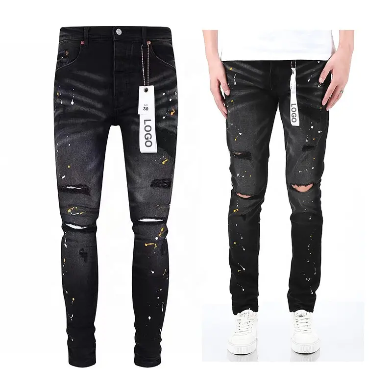 Высокое качество уличный стиль модные мужские джинсы черный поврежденный дизайнер для фиолетовых джинсов