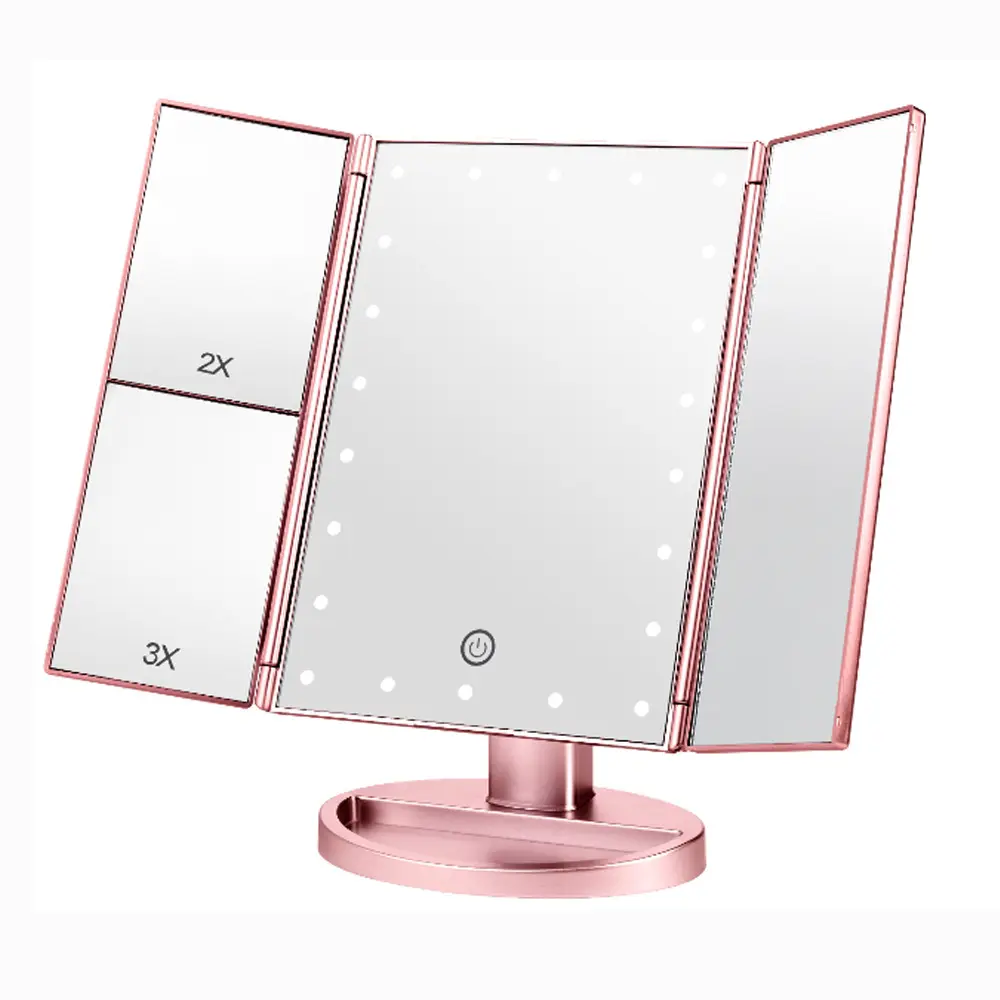 Cermin LED Rias Lipat 3 Cara, Cermin Pembesar 2X/3X untuk Desktop, Cermin Bercahaya LED