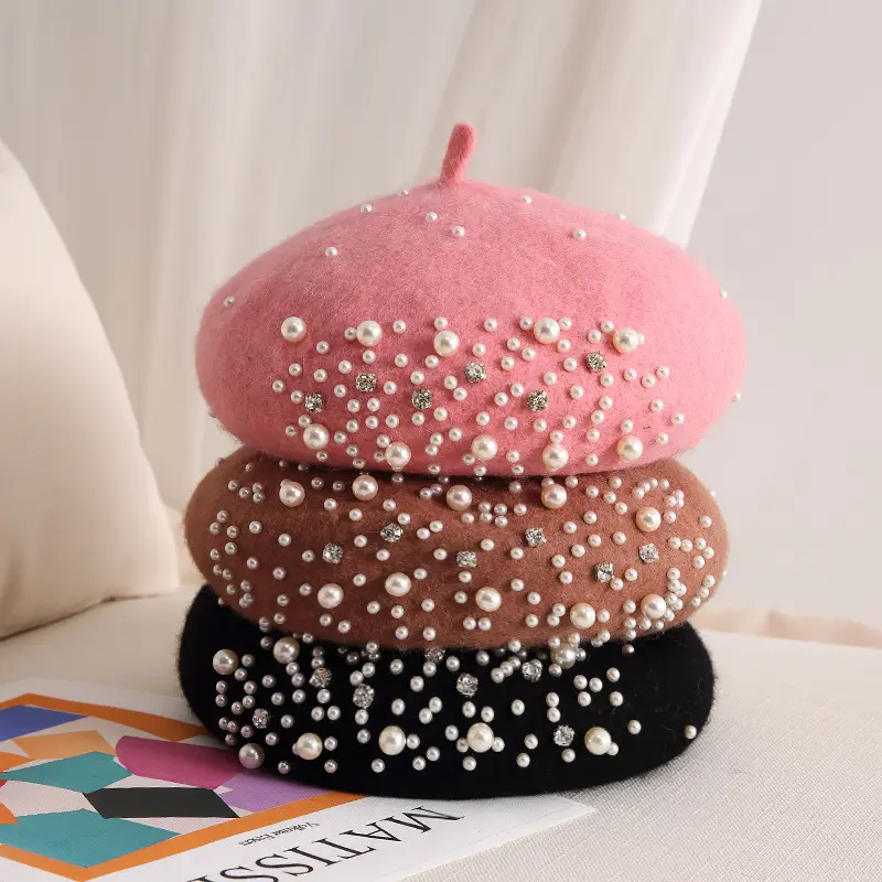 Boinas francesas personalizadas baratas coloridas chapéu diário para mulheres inverno outono boina de pérola com faixa elástica
