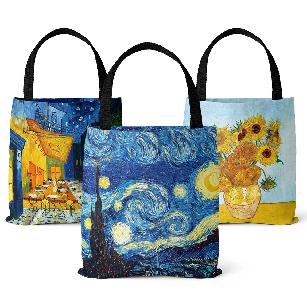 Van Gogh starry night Monet reusable shopping bag famous art oil painting woman tote bag canvas
