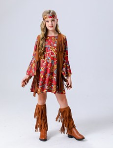 ชุดคอสตูมสำหรับเด็กแนวฮิปปี้ย้อนยุคสไตล์ฮาโลวีนสาวอเมริกันอินเดียเครื่องแต่งกายสำหรับเล่นบทบาทคนเถื่อน - Product Image 4