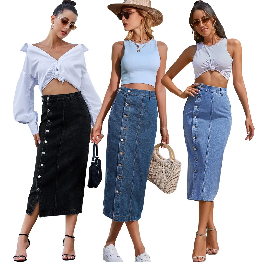 HSF2642 son tasarım moda Trend Jean etekler kadınlar için perçin Wrap kalça elastik uzun kot etek kadınlar için