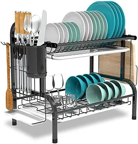 Personalizado Aço Inoxidável Metal Preto Rustproof Drainboard Placa De Secagem Cozinha Organizador Sobre Pia 2 Tier Dish Secagem Drainer Rack