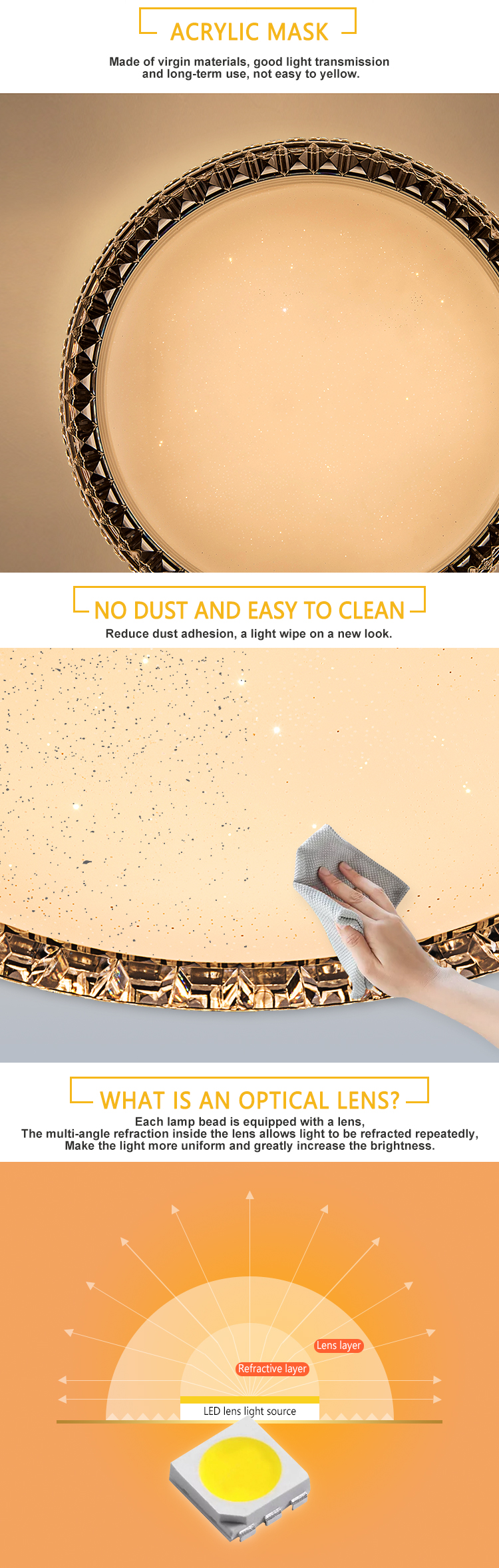Long Term Use Acrylic Plastic Shade 6W 12W 24W 36W 60W Decorative LED Ceiling Light
