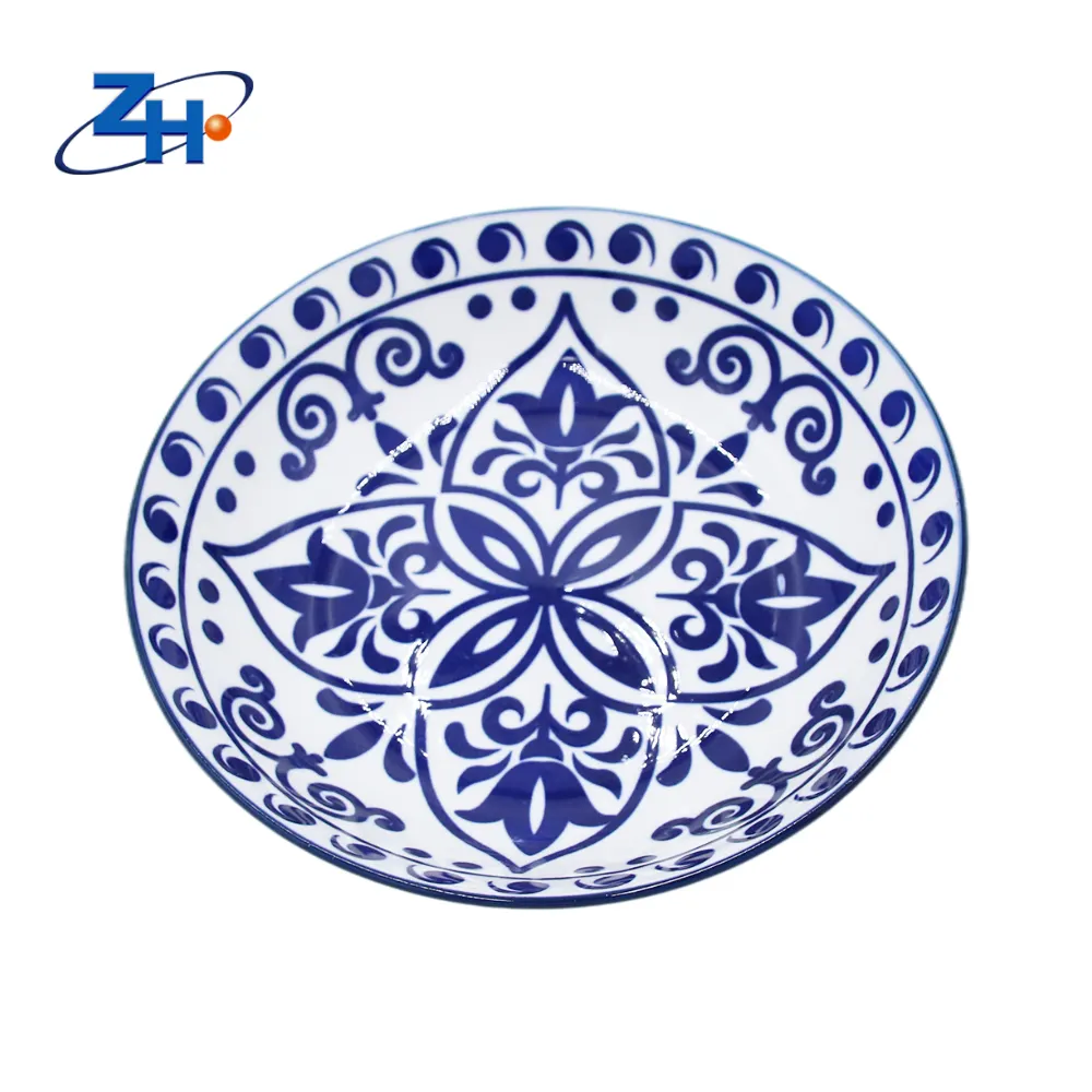 Holesale-plato de porcelana de estilo hinés, disco de porcelana azul y blanco elegante