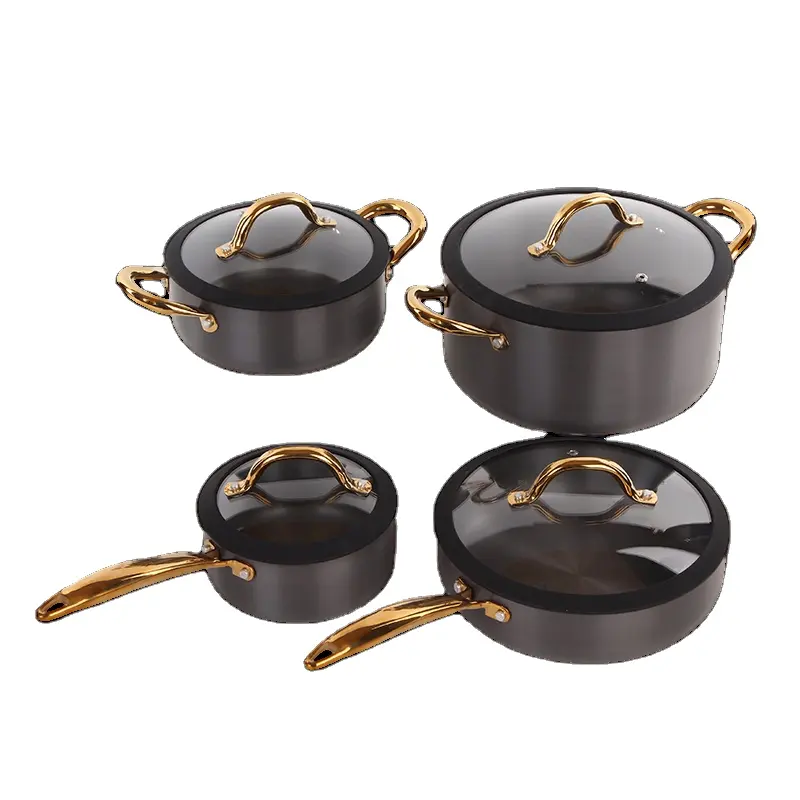 Juego de utensilios de cocina anodizados duros de 8 piezas, juego de utensilios de cocina de cerámica con tapa de vidrio con revestimiento antiadherente