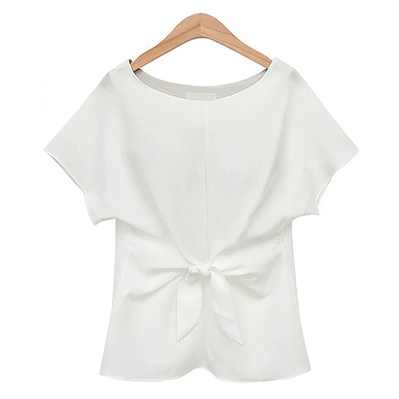 Nuevas mujeres de moda de verano de las niñas Bowknot encaje-vendaje manga corta cuello Chiffon Collar Slim camiseta Casual Tops