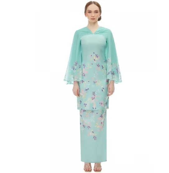 Baju Kurung Oem gaun Maxi wanita Muslim, Baju Kurung renda bunga bordir Modern Murah Borong