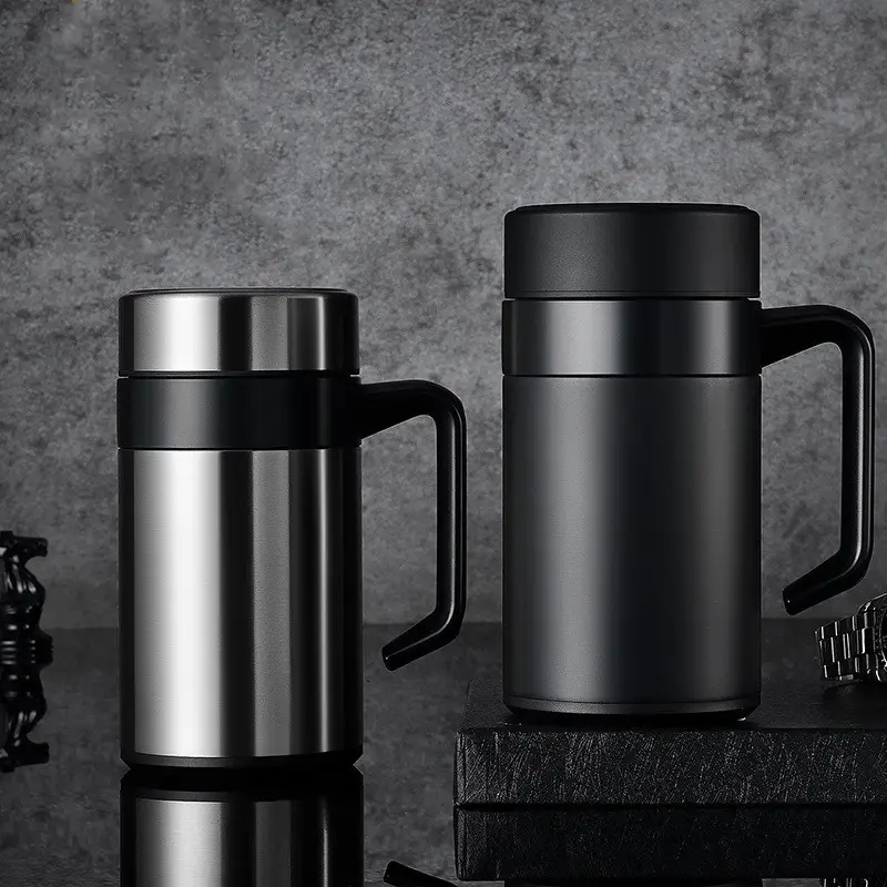 Large-capacity Stainless Steel Business Water Cup Black Gold Men's Office Household Thermos With Handle Custom Tea Coffee Mug