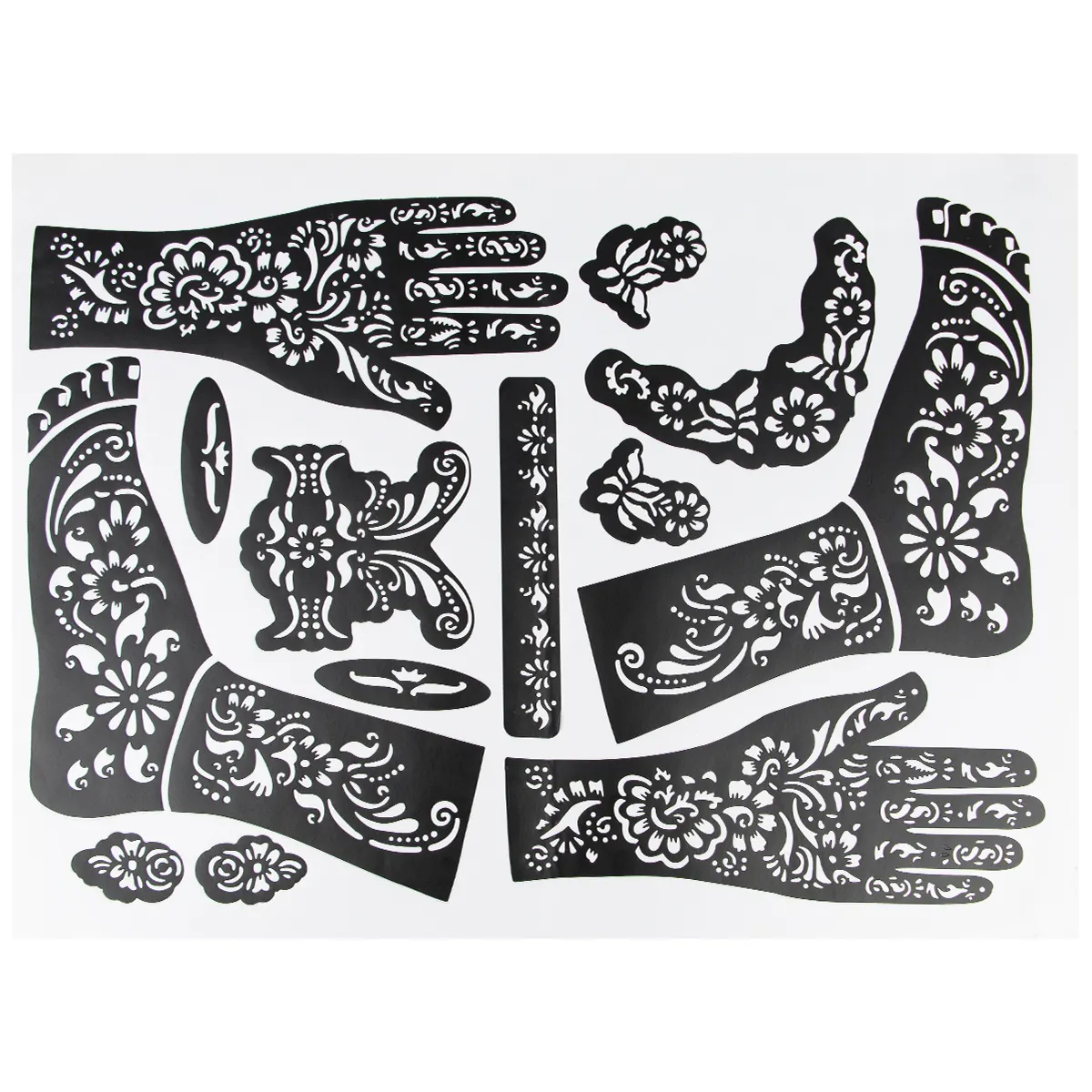 Moldes online reutilizáveis para flores temporárias, moldes personalizados para fazer desenho em negrito, 20 adesivos de henna Mehndi para pés e mãos
