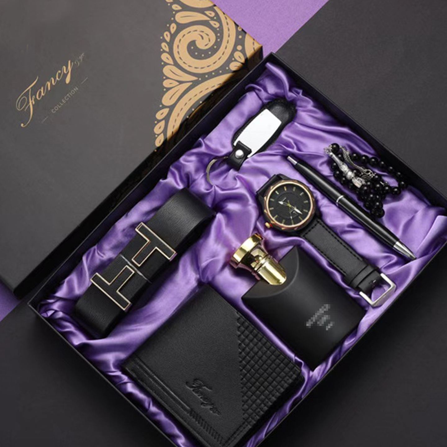 Set da 8 pezzi: portafoglio, orologio, profumo, perline, portachiavi, penna