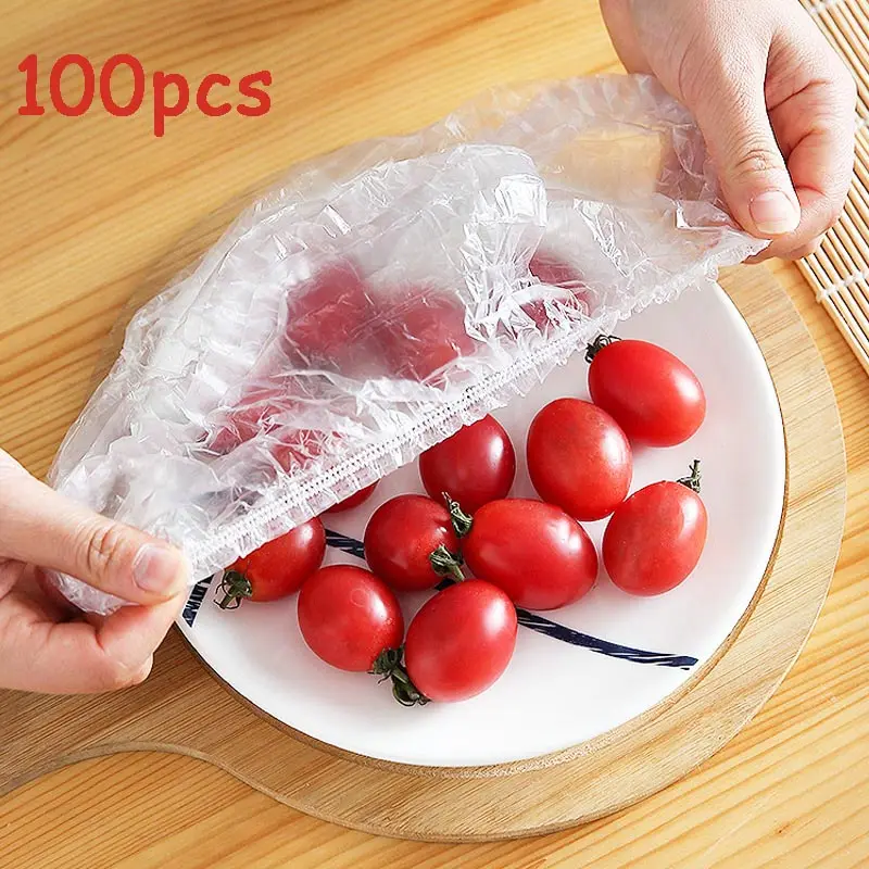 100pcs חד פעמי מזון כיסוי פלסטיק לעטוף אלסטי מכסי מזון עבור פירות קערות כוסות אחסון מטבח טרי שמירה שומר תיק