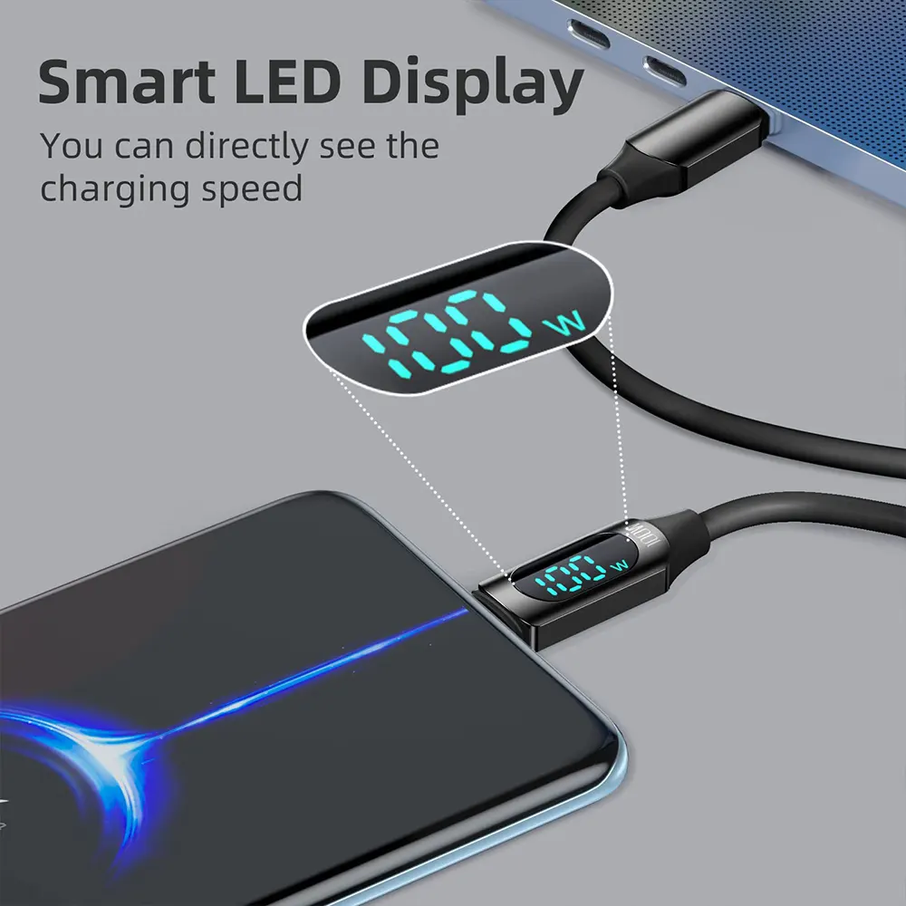 100W USB C USB C veri kablosu Bio 5A hızlı şarj USBC kablo LED ekran ile çinko alaşım örgülü tip C kablo Iphone 15 için