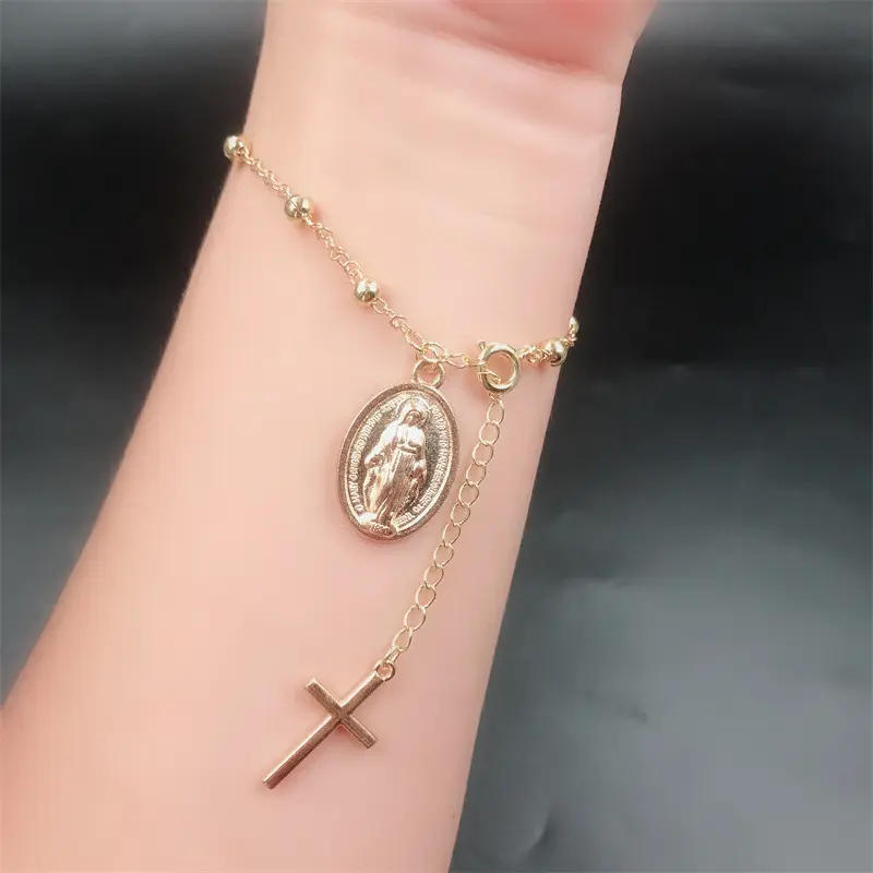 Bracciali religiosi cattolici da donna braccialetti con perline rotonde in metallo croce rosario braccialetto Jesus gioielli a catena